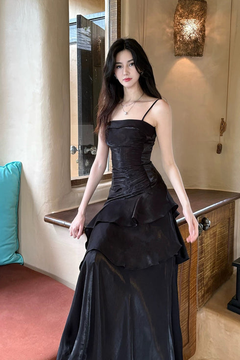 Black Satin Mermaid Straps Chic Long Party Dress, Black Satin Prom Dress Evening Dress