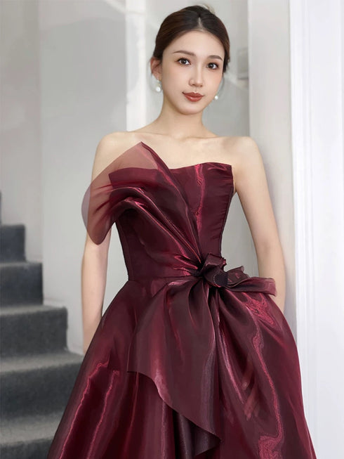 Wine Red Strapless A-line Floor Length Party Dress, Wine Red Long Formal Dress