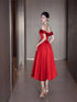 Red Sweetheart Off Shoulder Tea Length Formal Dress, Red Satin Formal Dress Homecoming Dress