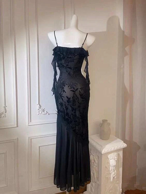 Chic Spaghetti Straps Black Lace Evening Dress Prom Dress, Black Lace Long Party Dress