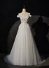 A-line Off Shoulder White Flowers and Tulle Party Dress, White Long Formal Dress Prom Dress