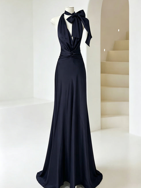 Elegant Navy Blue Satin Halter Maxi Dress, Sexy V-Neck Backless Ruched Prom Dress Evening Dress
