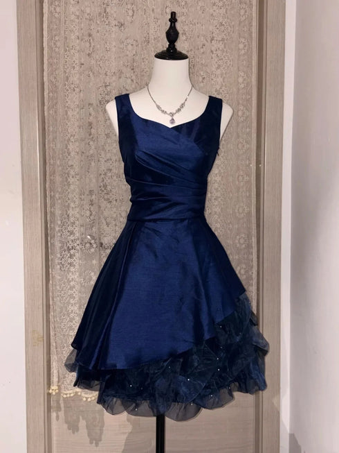 A-line Navy Blue Knee Length Homecoming Dress, Satin and Tulle Navy Blue Short Prom Dress