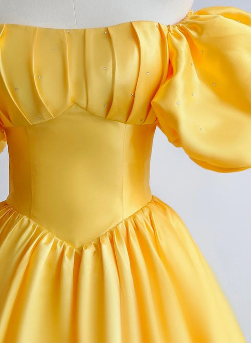Yellow Satin Short Sleeves Party Dress, Yellow Satin Prom Dress Formal Dress