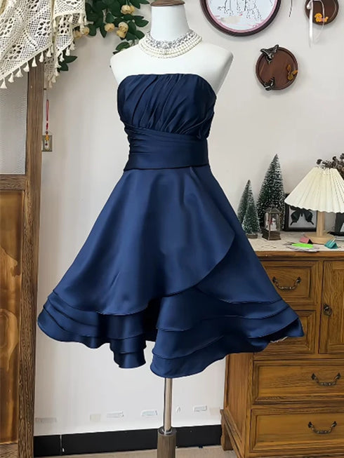 Navy Blue Strapless Pleated Satin Tiered Mini Party Dress, Navy Blue Homecoming Dress