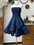 Navy Blue Strapless Pleated Satin Tiered Mini Party Dress, Navy Blue Homecoming Dress