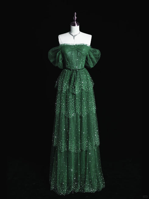 Dark Green A-line Layers Shiny Tulle Prom Dress, Green Tulle Long Party Dress