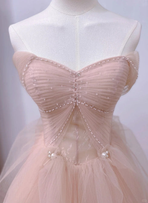 Pink A-line Tulle Beaded Off Shoulder Long Party Dress, Pink Tulle Prom Dress