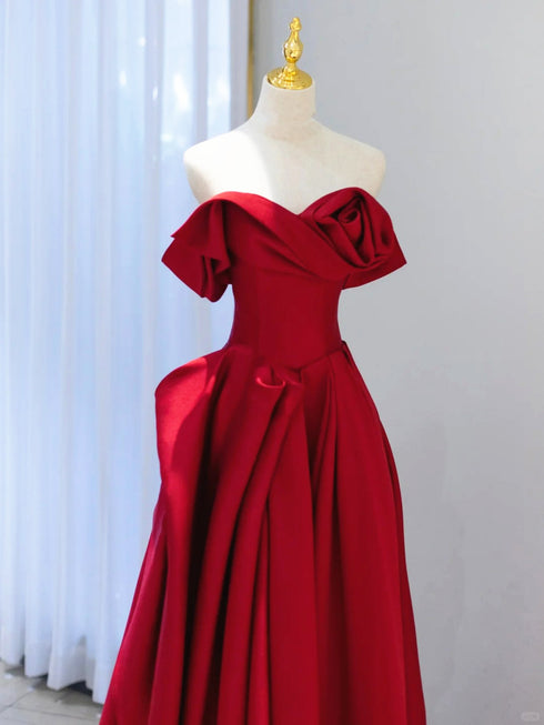 Wine Red Satin Strapless A-line Long Evening Dress, Wine Red Satin Sweetheart Prom Dress