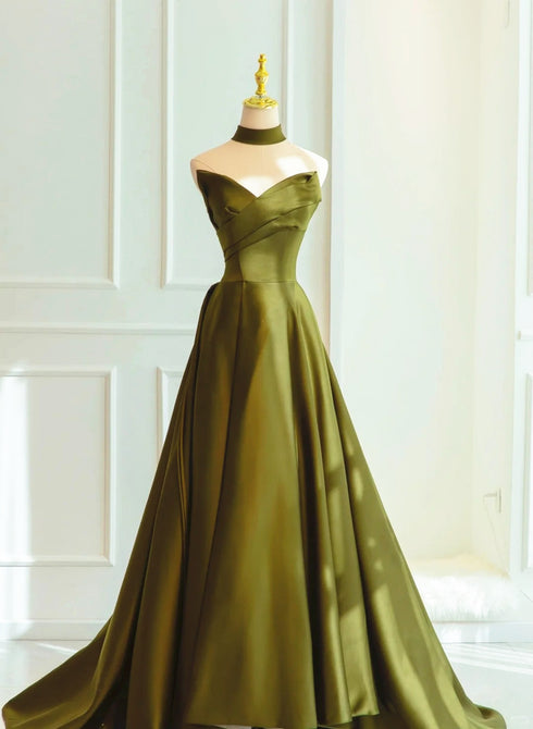 Green Satin Sweetheart Long A-line Prom Dress Evening Dress, Green Formal Dress