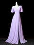 Light Purple Chiffon Short Sleeves Long Party Dress, A-line Chiffon Wedding Party Dress