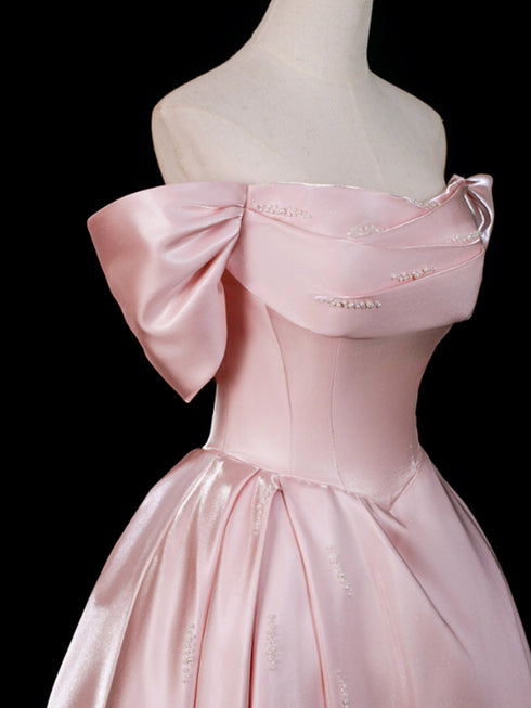 Pink Off Shoulder Beaded A-line Satin Prom Dress, Pink Satin Floor Length Formal Dress