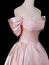 Pink Off Shoulder Beaded A-line Satin Prom Dress, Pink Satin Floor Length Formal Dress