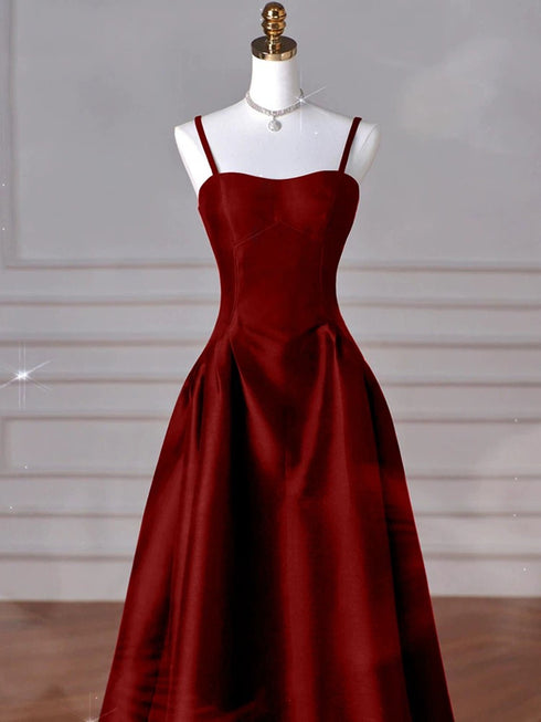 Wine Red Straps A-line Floor Length Simple Party Dress, Wine Red Satin Prom Dress