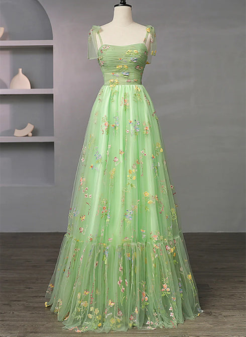 Light Green Tulle Straps Ball Gown Party Dress, Light Green Formal Dress