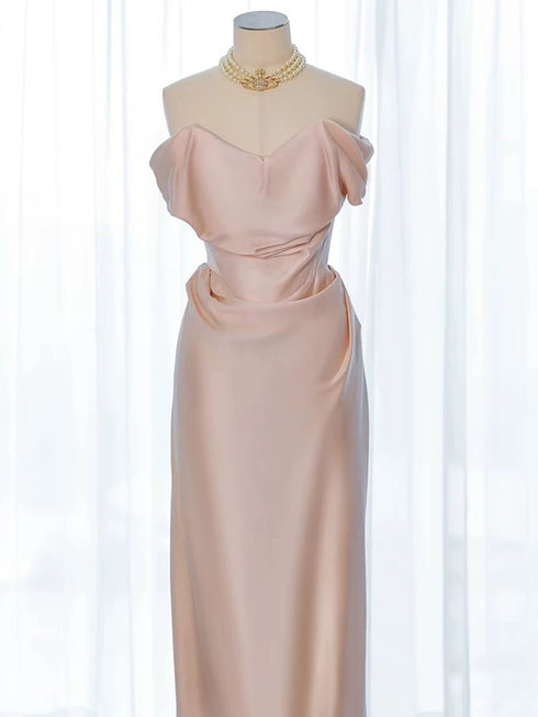 Pink Soft Satin Off Shoulder Long Wedding Party Dress, Pink Satin Evening Dress Prom Dress