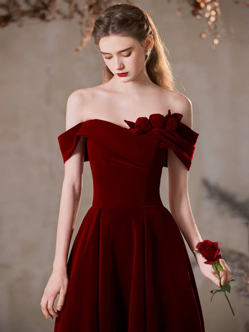 Wine Red Velvet Off Shoulder Long Party Dress, Wine Red A-line Prom Dress