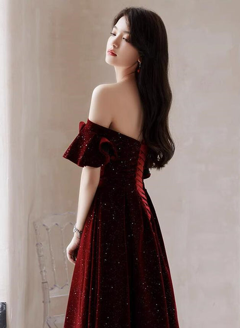 Wine Red Velvet Tea Length Party Dress Graduation Dress, Wine Red Prom Dress