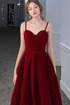 Wine Red Velvet Long Formal Dress Party Dress, V-neckline Straps Prom Dress