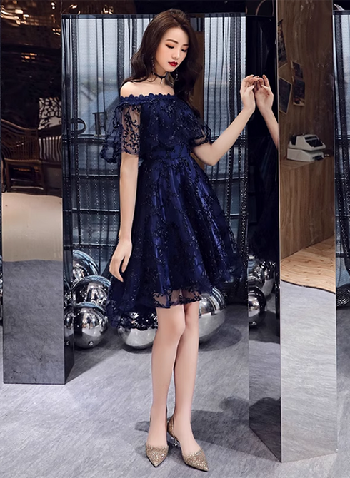 Navy Blue Lace High Low Party Dress Homecoming Dress, Navy Blue Prom Dress