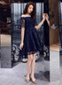 Navy Blue Lace High Low Party Dress Homecoming Dress, Navy Blue Prom Dress