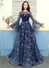 A-line Navy Blue Round Neckline Long Party Dress, Navy Blue Long Prom Dress