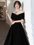 Black Velvet Tea Length Off Shoulder Party Dress, Black Short Homecoming Dress