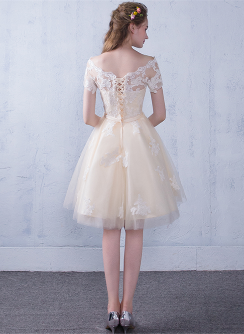 Champagne A-line Tulle with Lace Short Party Dress, Champagne Homecoming Dress
