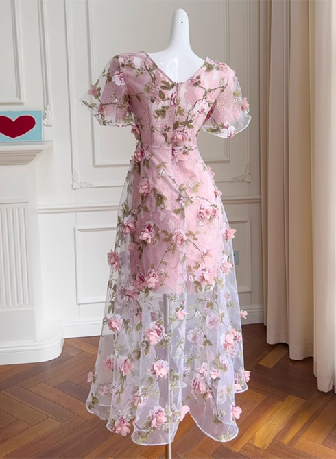 Pink Flowers Lace Short Sleeves Party Dress, Pink 3D Flowers Party Dress
