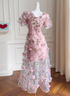 Pink Flowers Lace Short Sleeves Party Dress, Pink 3D Flowers Party Dress