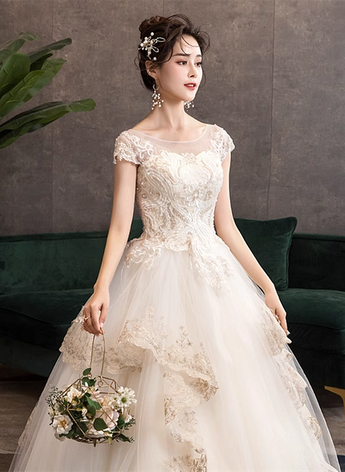 Lovely Ivory Tulle Ball Gown with Lace Sweet 16 Dress, Ivory Tulle Long Formal Dress