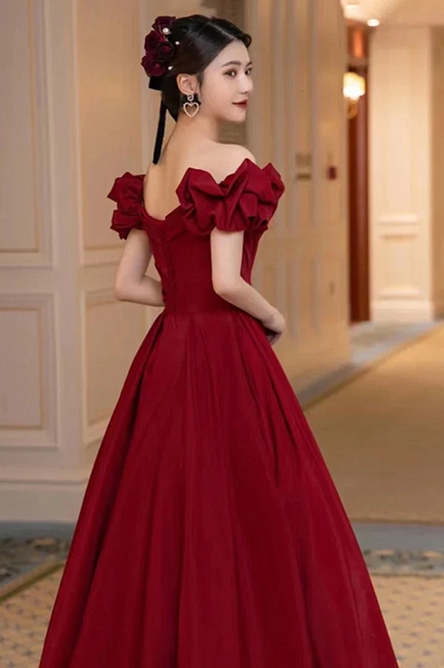 Lovely Wine Red Sweetheart Long A-Line Prom Dress, Off the Shoulder Long Formal Dress