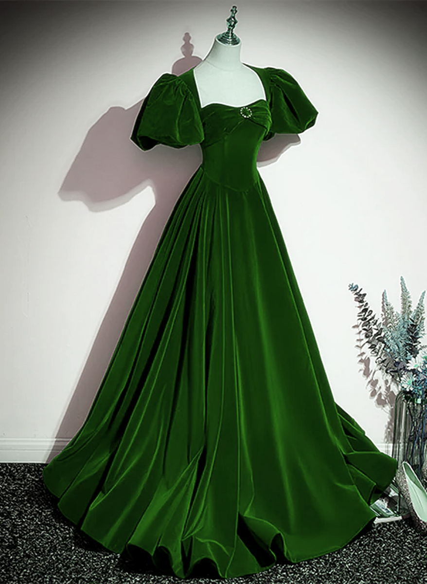 Green Velvet Backless Long Party Dress, Green Short Sleeves Formal Dress Prom Dress Custom Size / Custom Color