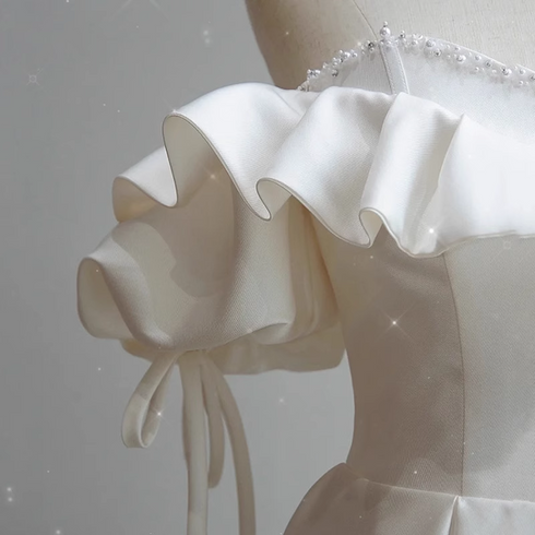 White Satin Off Shoulder Beaded Sweetheart Formal Dress, White Long Prom Dress