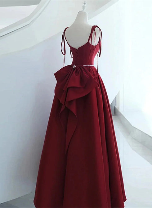 Wine Red Satin Straps Long Party Dress, Wine Red Floor Length Formal Dress Prom Dress