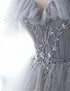 Chic Grey Beaded Layers Tulle Long Formal Dress, Grey Off Shoulder Prom Dress