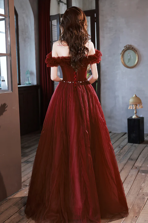 Off Shoulder Beaded Tulle Long Party Dress, A-line Tulle Long Formal Dress Prom Dress