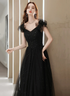 Black Tulle Beaded A-line Long Prom Dress, Short Sleeves Party Dress