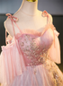 Pink Off Shoulder Tulle with Beadings Long Party Dress, A-line Pink Prom Dress
