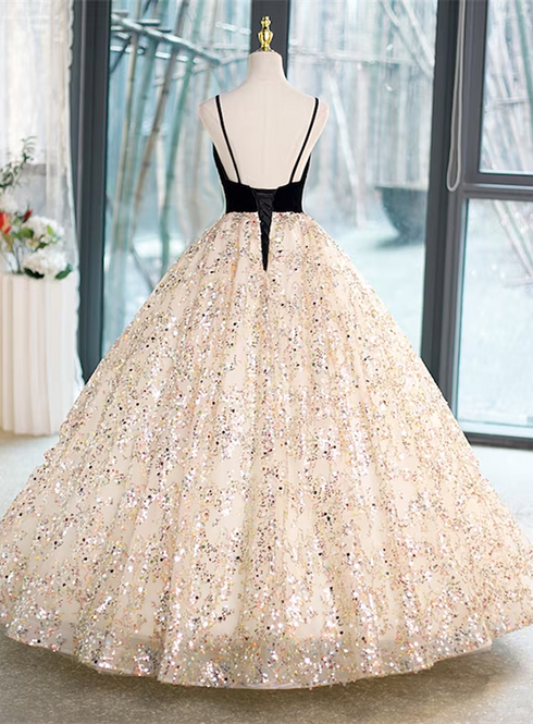Light Champagne Beaded V-neckline Party Dress, Cute Straps Long Prom Dress