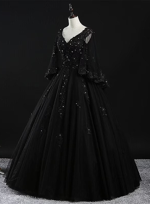 Beautiful Tulle with Lace Applique Beaded Sweet 16 Dress, V-neckline Long Formal Dress