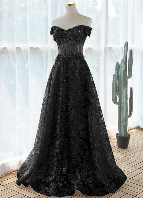 Black A-line Lace Off Shoulder Tulle with Lace Prom Dress, Black Long Evening Dress
