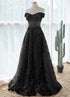 Black A-line Lace Off Shoulder Tulle with Lace Prom Dress, Black Long Evening Dress