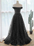 Black A-line Lace Off Shoulder Tulle with Lace Prom Dress, Black Long Evening Dress