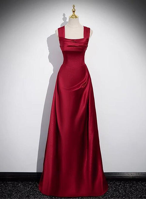 Wine Red Straps Satin Scoop Floor Length Prom Dress, Wine Red Long Evening Dress