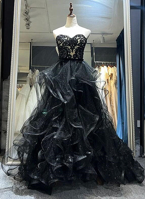 Black Sweetheart Tulle Layers Long Party Dress, Black Tulle Lace Prom Dress