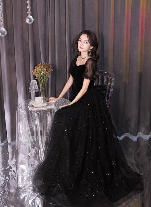 A-line Black Tulle and Velvet Short Sleeves Prom Dress, Black Evening Dress