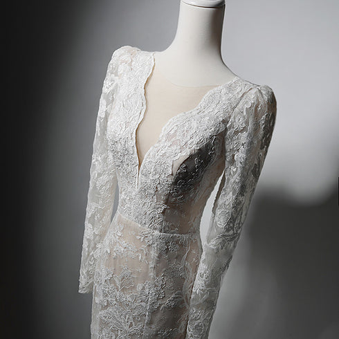 Ivory Lace Mermaid Long Sleeves Formal Dress, Lace Wedding Party Dress