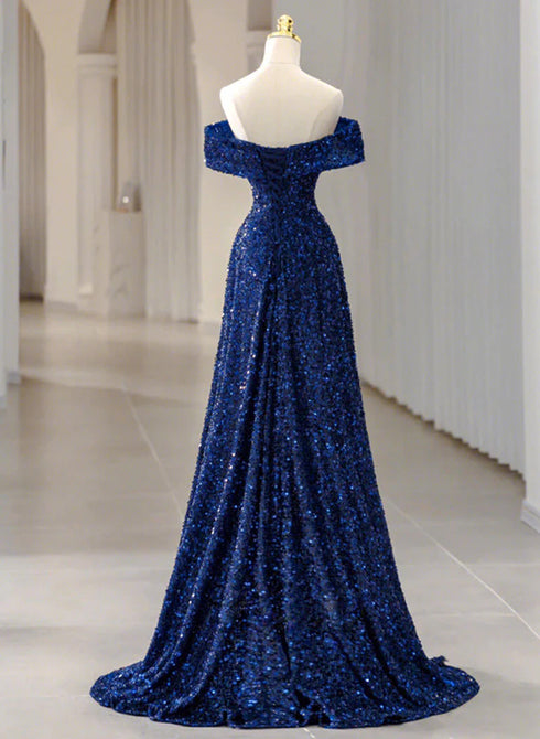 A-line Blue Sequins Off Shoulder Prom Dress, Blue Sequins Evening Dress