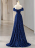 A-line Blue Sequins Off Shoulder Prom Dress, Blue Sequins Evening Dress